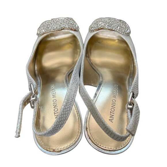 Antonio Melani Silver Peep-Toe Slingback Heels Embellished Evening Wedding Size - Picture 5 of 9